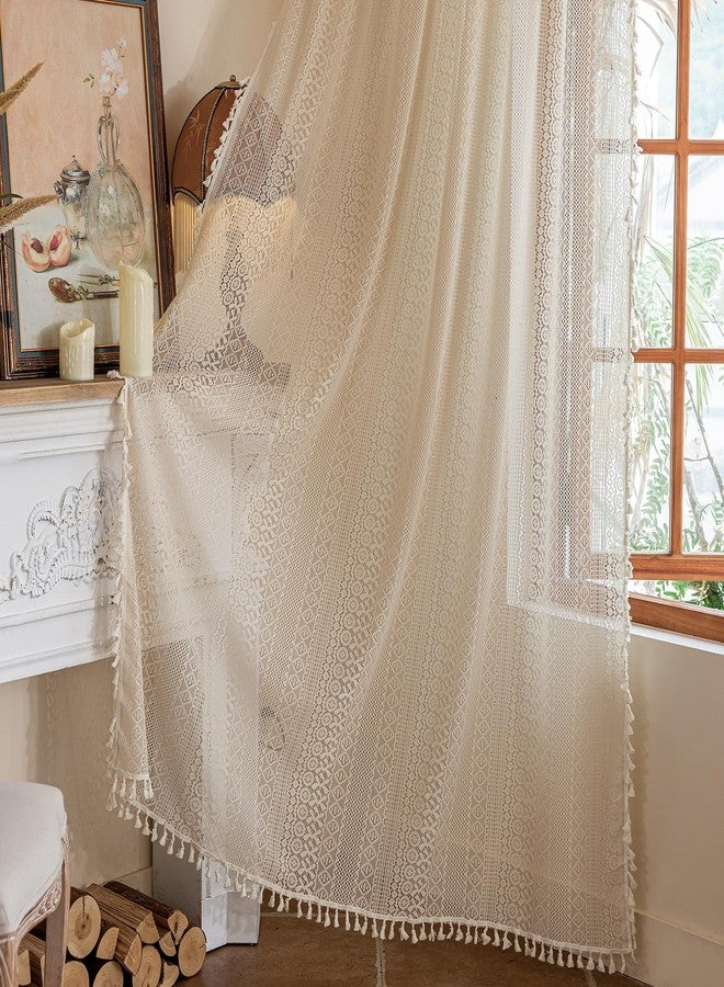 TERLYTEX Boho Curtains 80 Inches Long 2 Panels, W60 x L80 Inch, Geometric Stripes Crochet Patterned Lace Curtains with Tassels for Living Room Rod Pocket Light Filtering Privacy Vintage Bohemian Window Curtain - Image 4